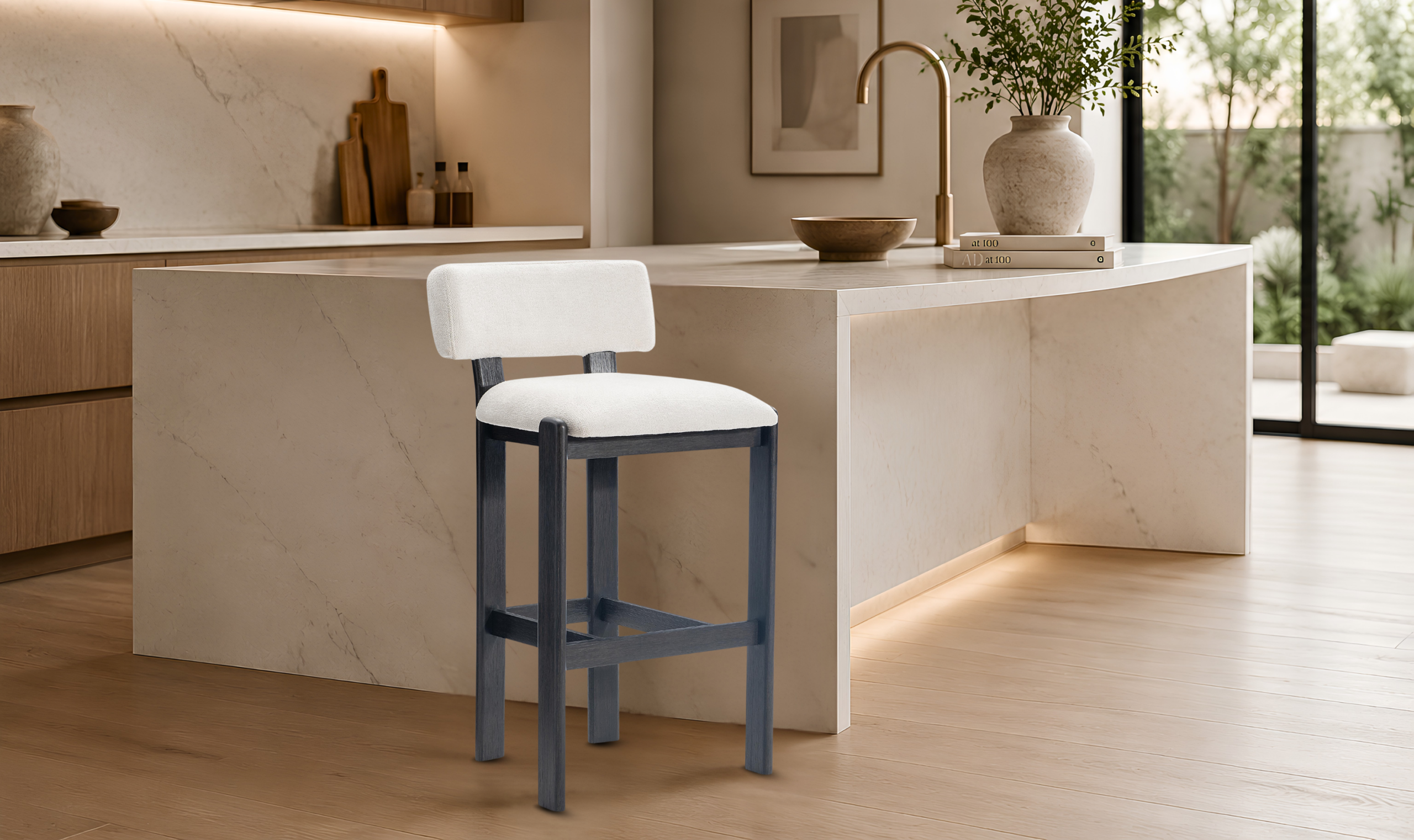 Bernhardt Baxter Fabric Upholstered Bar Stool in Wood