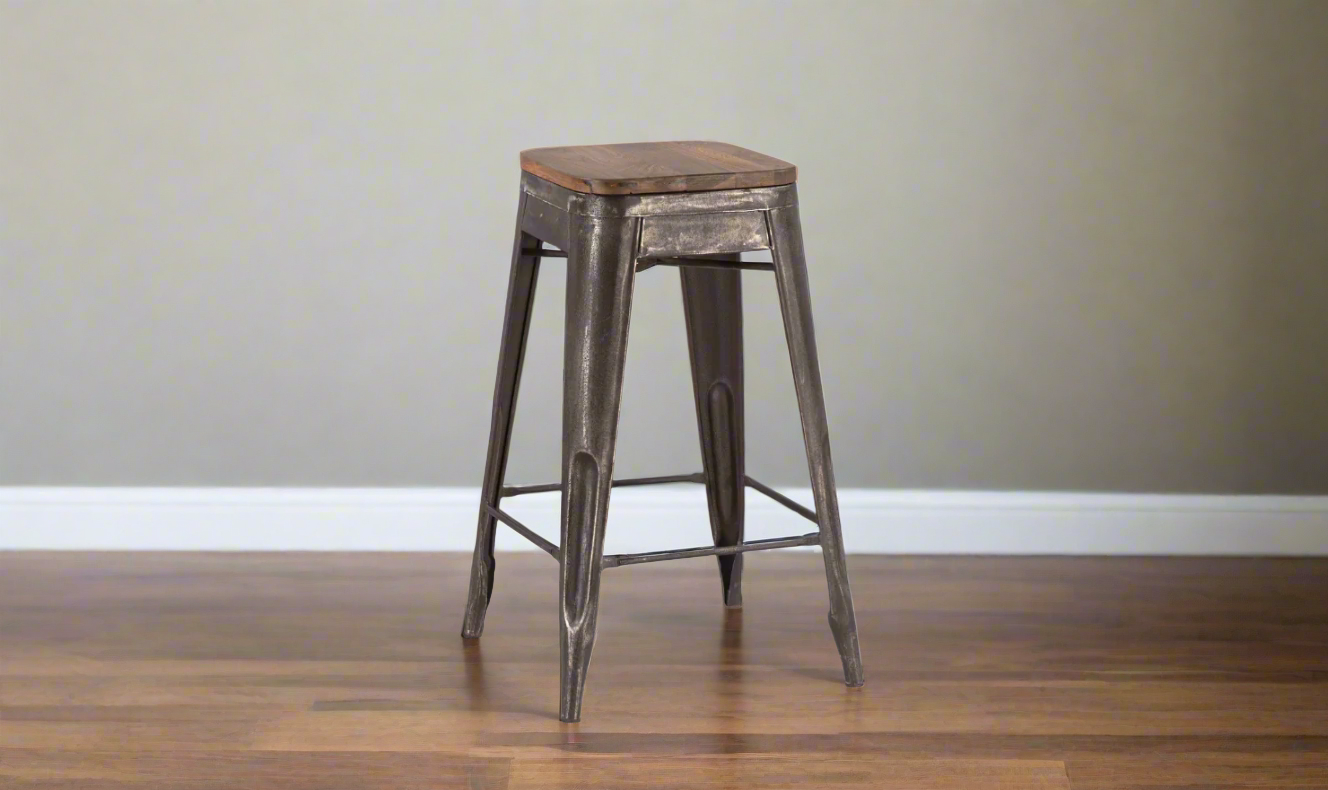 HTD Eiffel Iron Base Barstool With Teakwood Top - Image 3
